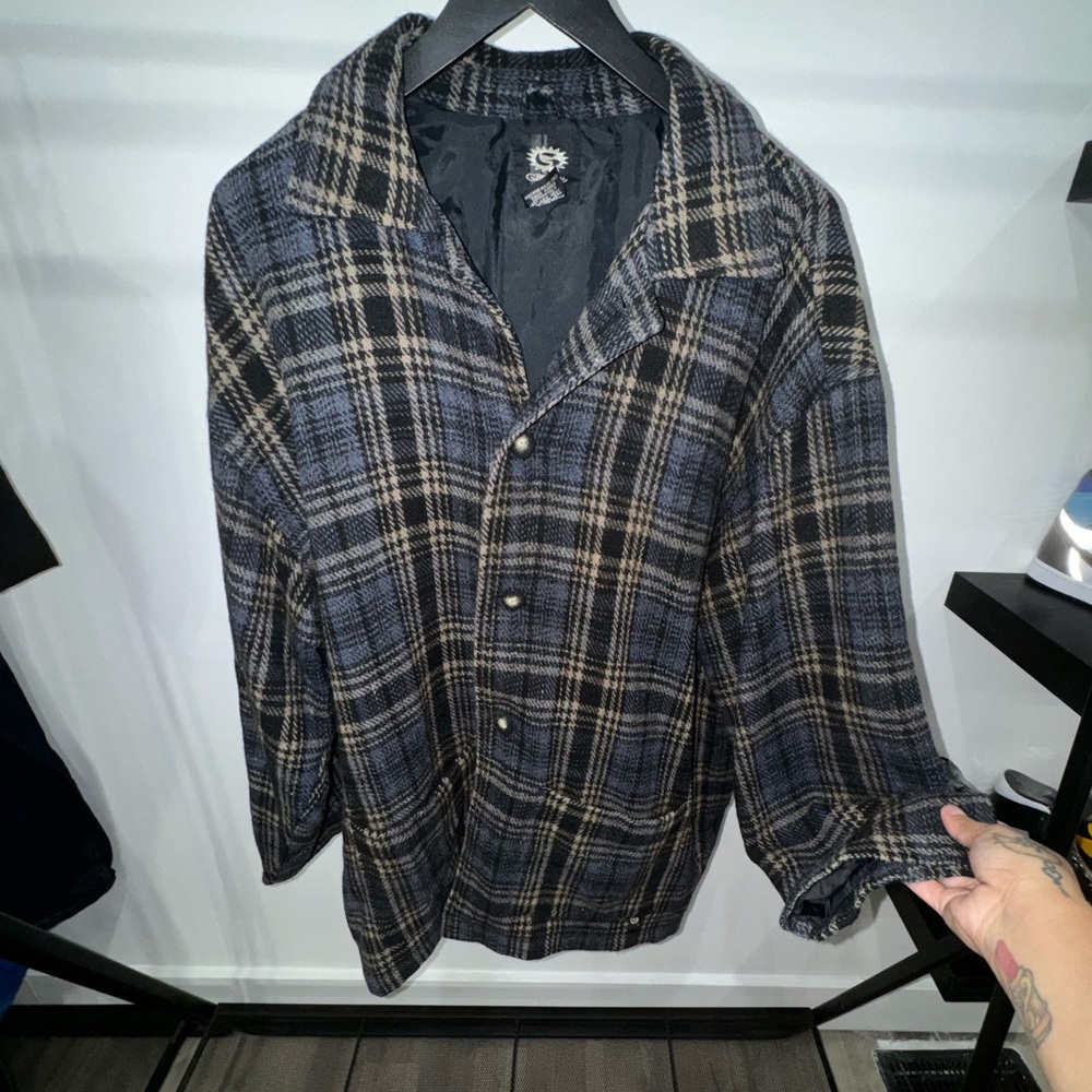 Navy blue and cream plaid jacket